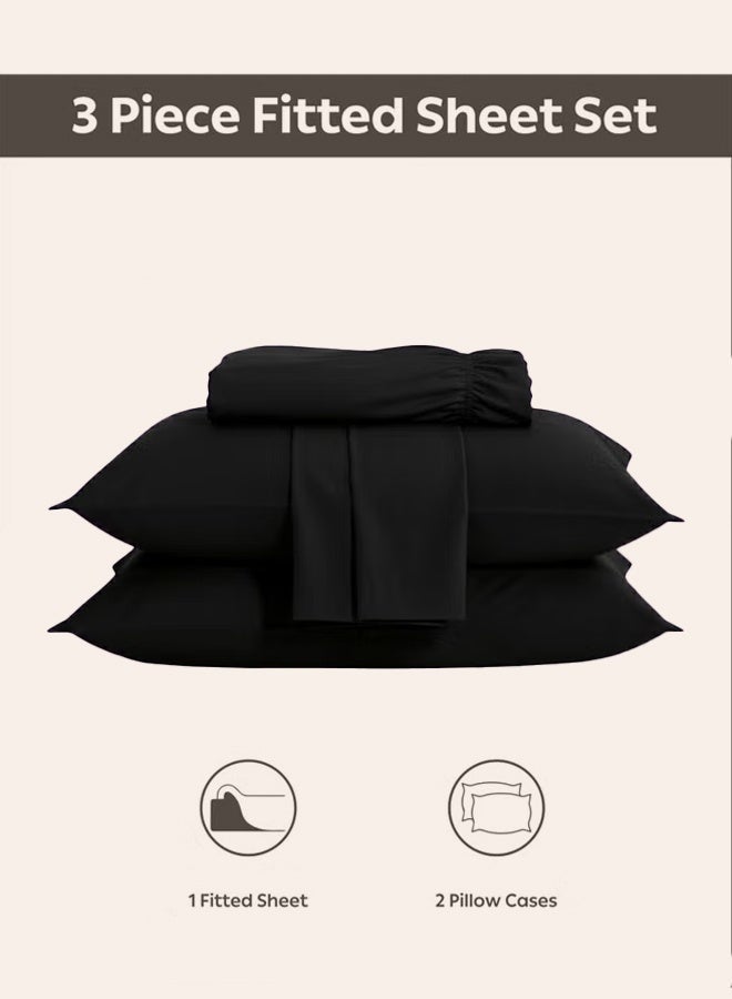 إي وورلد مجموعة شراشف قطنية أسود مجهزة من 3 قطع تتضمن ورقة بجيوب عميقة لتناسب محكم و2 غطاء وسادة، مسامية، قابلة للغسل في الغسالة للحماية الأمثل، متوفرة بأحجام الملك، الملكة والفردي. - Image 5